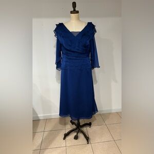 JOVANI Royal Blue midi dress with sheer sleeves plus size